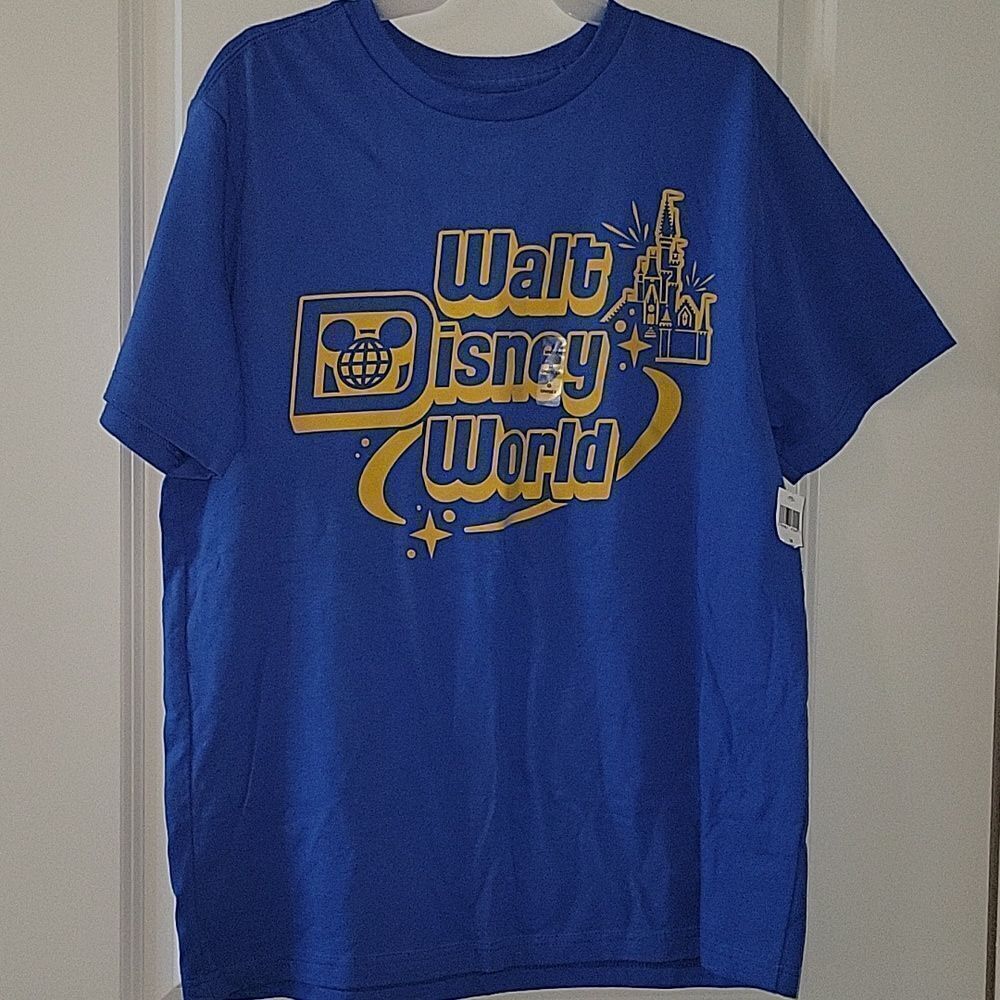 Walt Disney World PARKS Blue And Yellow Castle Adult Shirt Large NWT